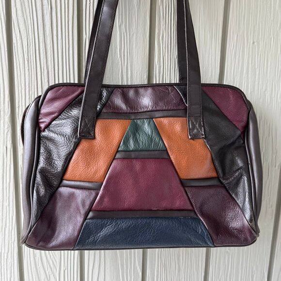 VTG 80s Genuine Leather Patchwork Tote Shoulder Bag Brown Multi Boho - Picture 8 of 11